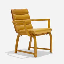 Armchair by Gilbert Rohde, c. 1933, beech, vinyl, sold Sep 2021