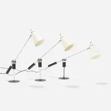 Gilbert Watrous, Table lamps, set of three, 1950, enameled aluminum, enameled steel, chrome-plated steel, aluminum, plastic