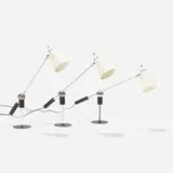 Gilbert Watrous, Table lamps, set of three, 1950, enameled aluminum, enameled steel, chrome-plated steel, aluminum, plastic