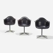 PAC-1, set of three by Charles and Ray Eames, 1950 / 1969, molded fiberglass, aluminum, enameled steel, vinyl, rubber, plastic, sold Sep 2021