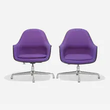 EC175-8s, pair by Charles and Ray Eames, 1971, Girard upholstery, molded fiberglass, aluminum, rubber, sold Sep 2021