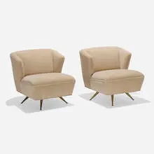 Swivel lounge chairs, pair by Henry P. Glass, c. 1955, upholstery, brass, sold Sep 2021
