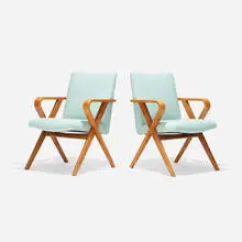 Chairs, pair by Henry P. Glass, 1940, birch plywood, leather, sold Sep 2021