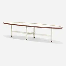 Coffee table, model 870 by Edward Wormley, 1960, chrome-plated brass, laminate, walnut, sold Sep 2021