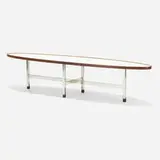 Edward Wormley, Coffee table, model 870, 1960, stainless steel, walnut, laminate