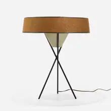 Gerald Thurston, Table lamp, c. 1955, enameled steel, perforated steel, burlap shade