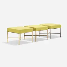 Stools model 1306, set of three by Paul McCobb, 1954, brass, upholstery, sold Sep 2021