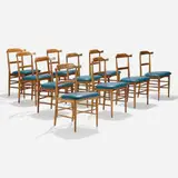 Dining chairs, set of ten by Milo Baughman, c. 1957, bleached walnut, leather, sold Sep 2021