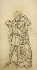 George Daniels (1854-1940) 'St Martin cutting his cloak'; 'Mary lamenting the Death of Jesus'; 'Jesus on the Cross' by George Daniels, full-size stained glass designs for Holy Trinity, sold Oct 2021