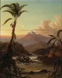 Tropical landscape with a mountain beyond; Figures on a bridge over a cataract (a pair) by American School, sold Apr 2010