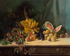 William Hubacek, Still life with cherries, bananas, watermelon and other fruit on a table, 1895, oil on canvas