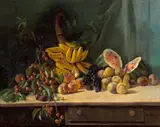William Hubacek, Still life with cherries, bananas, watermelon and other fruit on a table, 1895, oil on canvas
