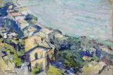 Joseph Raphael, Caravan village scene, oil on canvas
