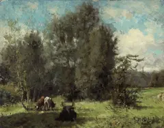 Cows grazing in a forest clearing by Thaddeus Welch, oil on panel, sold Apr 2010
