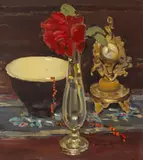 Clarence K. Hinkle, Still life with a bowl, rose in a glass vase and Rococo revival gilt bronze clock