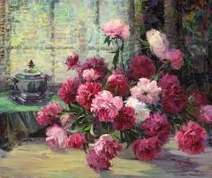 Nell Walker Warner, Old fashioned peonies, oil on canvas