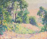 William Clapp, Vibrant trees and hills, 1939, oil on masonite