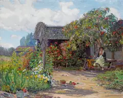 Joseph Kleitsch, Woman in a garden sewing, oil on canvas