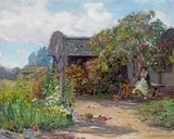 Joseph Kleitsch, Woman in a garden sewing