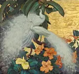 Jessie Arms Botke, White peacocks and hibiscus
