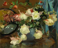 Franz Bischoff, Roses in a blue vase on a table with a mirror, oil on canvas
