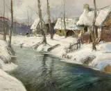 George Ames Aldrich, A village by a river in winter, oil on canvas