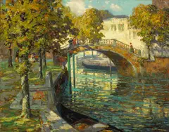 Canal scene by Ossip L. Linde, oil on canvas, sold Apr 2010