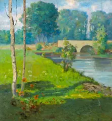 Bridge over a river by Alexis Comparet, 1891, oil on canvas, offered Apr 2010