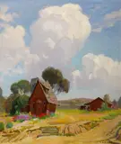 Arthur Grover Rider, Flowers by a cottage under a cloudy sky