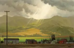 Ron Grauer, Sunlight streaming through clouds, Carmel Valley, California, oil on masonite