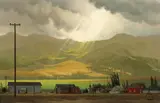 Ron Grauer, Sunlight streaming through clouds, Carmel Valley, California, oil on masonite