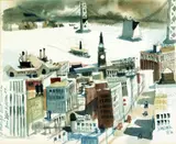 Dong Kingman, View of Ferry Building with Bay Bridge in the distance, San Francisco, 1949, watercolor on paper