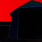 Harold Joe Waldrum, Building with blue trim against a red sky, 1981, oil on canvas