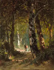 Forest rendezvous by Thomas Hill, oil on paper affixed to board, sold Nov 2009