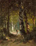 Thomas Hill, Forest rendezvous, oil on paper affixed to board