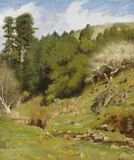 Thaddeus Welch, A stream through the hills, oil on canvas affixed to board