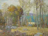 Ossip L. Linde, Coastal view through the trees, oil on canvas