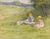 Three Children in a field of flowers by Marion Wachtel, watercolor on paper, sold Nov 2009