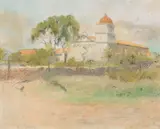 Santa Barbara Mission by Arthur Frank Mathews, pastel on sandpaper, offered Nov 2009