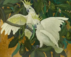 Jessie Arms Botke, A Pair of Cockatoos, oil and gold leaf on board