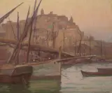 Gordon Coutts, Boats in the harbor, oil on canvas affixed to board