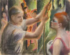 Gaston Longchamp, Behind the curtain, pastel on paper
