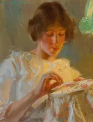 Edward Dufner, By Lamplight, oil on paper laid to board