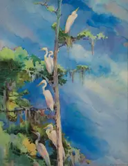 Alice Ravenel Huger Smith, Snowy egrets in a tree, watercolor over graphite on watercolor board