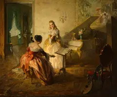 Lajos, A musical interlude, oil on canvas laid to board