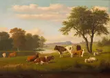Thomas Hewes Hinckley, Cows and sheep by a stream, oil on canvas