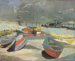 Eric Isenburger, Sea and wharf at Provincetown, oil on canvas
