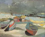Eric Isenburger, Sea and wharf at Provincetown, oil on canvas