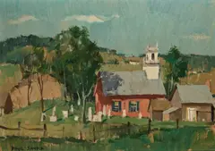 New England landscape with church by Paul Sample, oil on canvasboard, sold Dec 2009