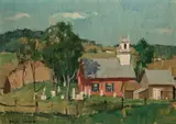 Paul Sample, New England landscape with church, oil on canvasboard